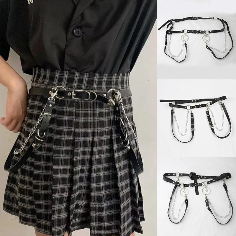 

1pc Unisex Women Adjustable Chain Belt Black PU Leather Belts Gothic Punk Hip-hop Belt With Chain Metal Waist Chains For Women