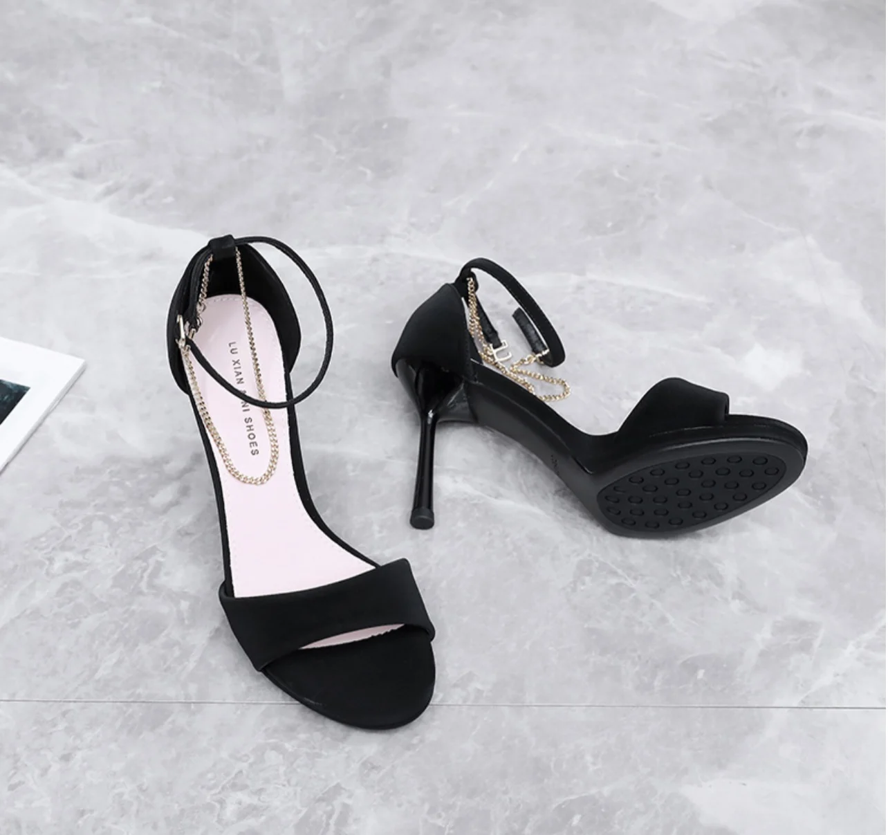 2023 New Women's High Heels Solid Color Pointed Toe Buckle Lace up Thin High Heel Party Ball Shoes