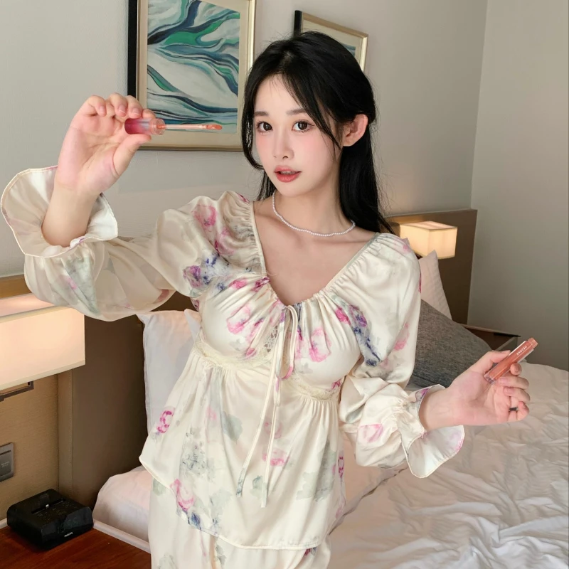 2023 Pajamas for Women Spring and Summer V-neck Long-sleeved Flower Fairy Sweet Lace Home Service Suit Casual and Soft Nightwear