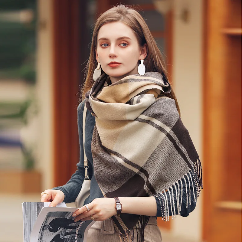 

New 2022 Plaid Scarf Imitation Cashmere Women Shawl Thick Wrap Scarve Pashmina Bufanda Foulard Mujer Lady Hijab Stoles Winter