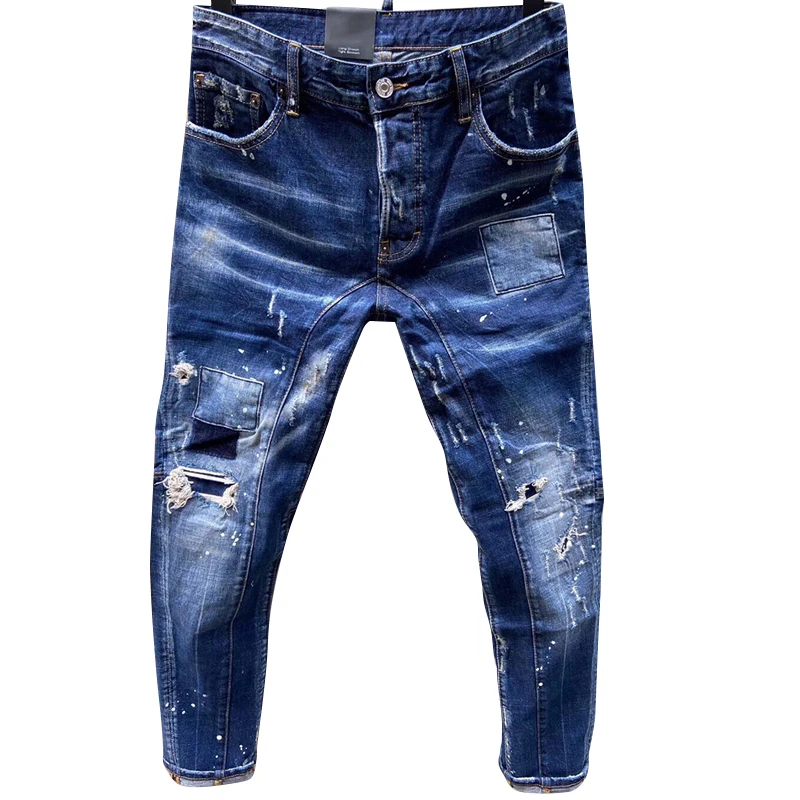 Starbags DSQ Trendy Men's Wash, worn holes, patches, paint, small feet, dark blue, small feet jeans for men
