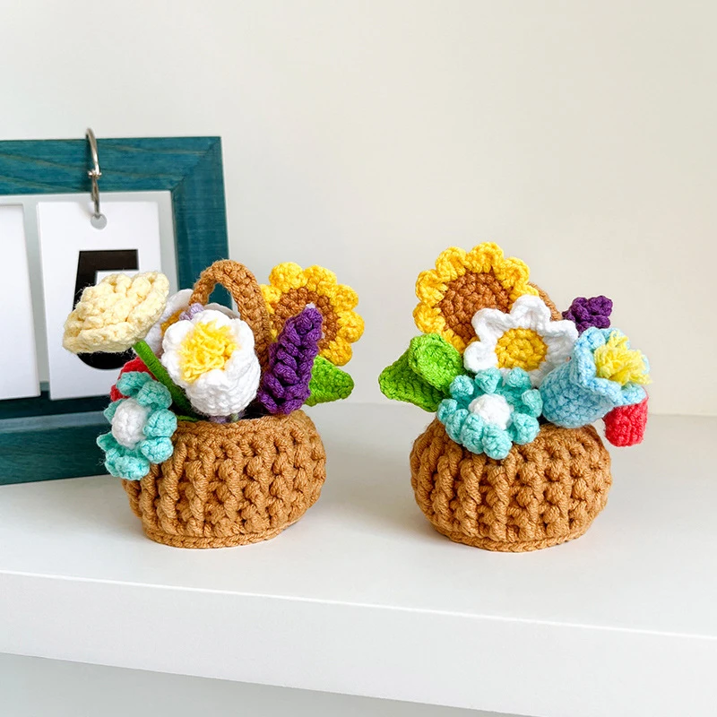 Mini Handmade Flower Office Home Decoration Basket Car Accessories Bouquet Potted Artificial Knitted Flower Mother's Day Gfits