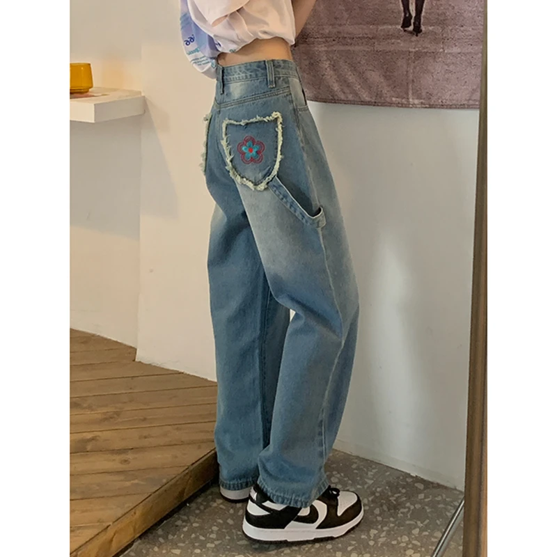 Fashion Denim Wide Leg Vintage Baggy Blue Women's Jeans Straight y2k Loose High Waist Trousers Flower Printing Streetwear Pants