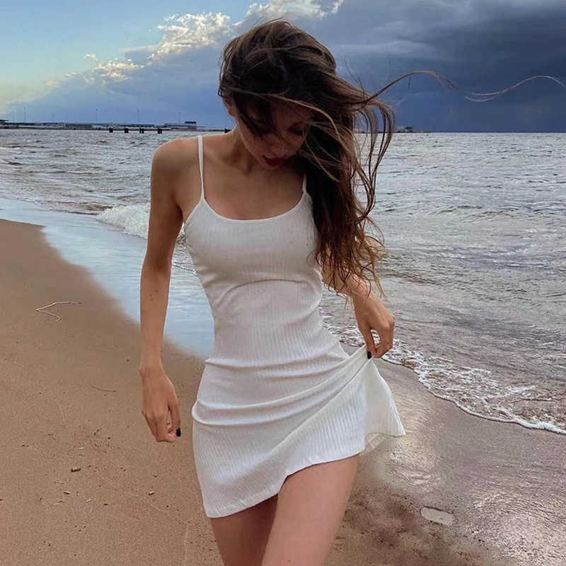 Women Sling Dress White Sleeveless Slim Fit Bodycon Dress Summer Formal Dress for Beachwear Streetwear Casual Holiday Dress