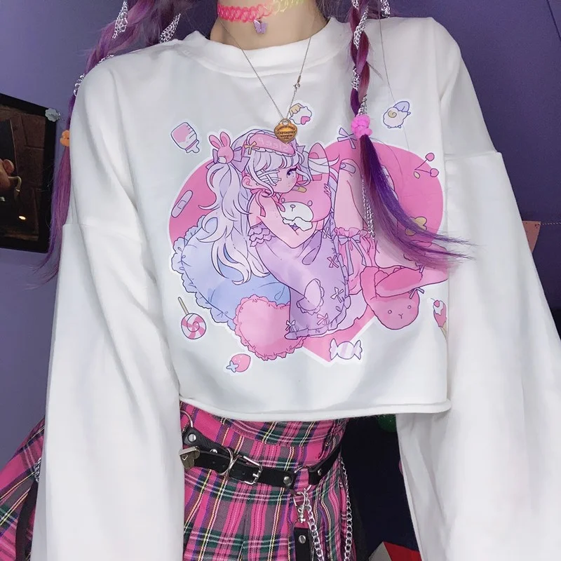 Женская футболка с рисунком HOUZHOU милые топы длинным рукавом в стиле Харадзюку