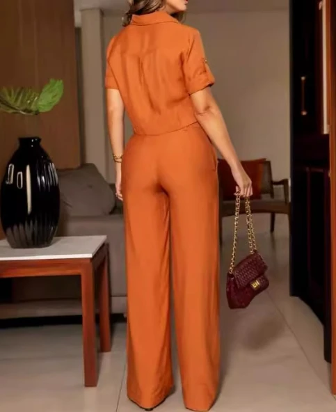 Однотонная блузка с отворотом и высокой талией облегающий брючный костюм