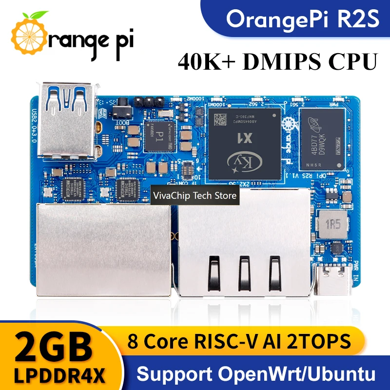 Фото Плата для разработки VivaChip TechOrange Pi R2S с 2 ГБ ОЗУ, RISC-V, 8 ГБ EMMC, 2 TOPS NPU, 2x2.5G + 2x1000M Gigabit Ethernet, одноплатная, C-серия №3
