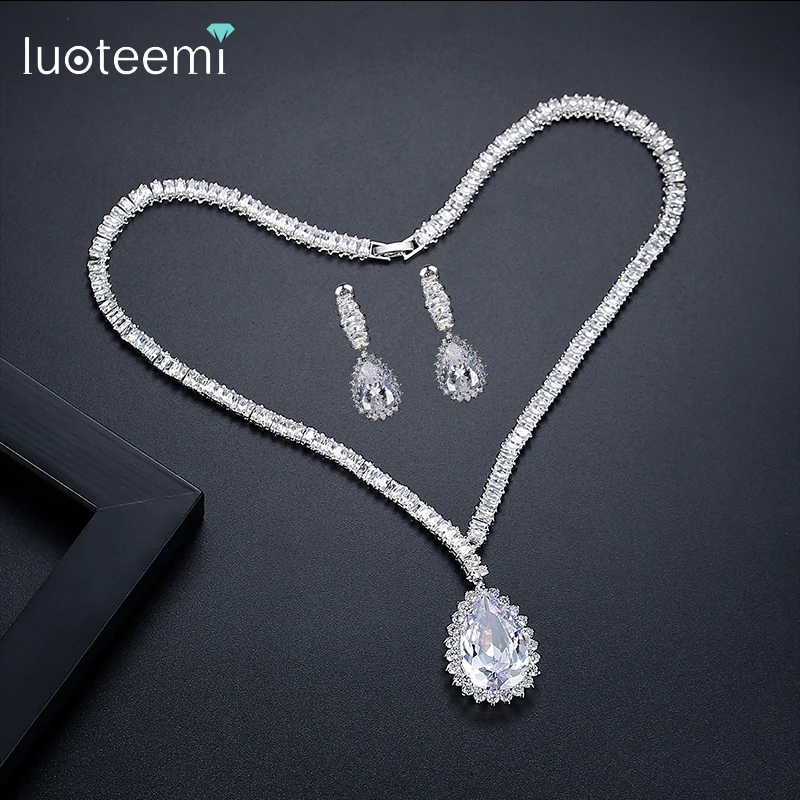 

LUOTEEMI Luxury Big Waterdrop Full Cubic Zirconia Necklace Earrings Set for Women Super High Quality Bridal Wedding Jewelry Set