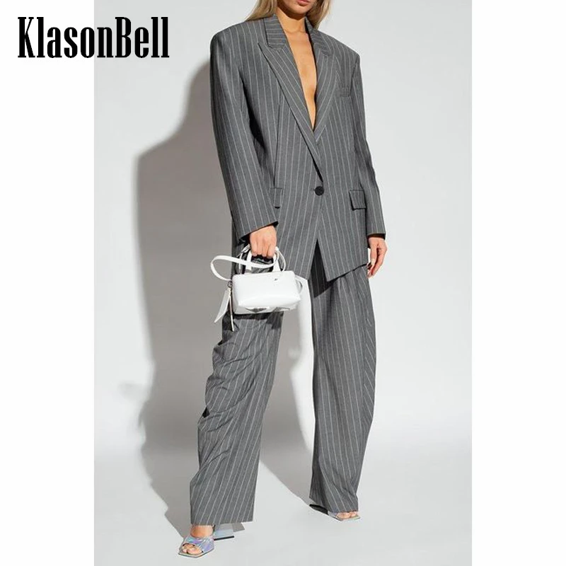 

2,4 KlasonBell темперамент плечевые накладки на одной пуговице Свободный Полосатый Блейзер или прямые брюки или мини юбка комплект для женщин