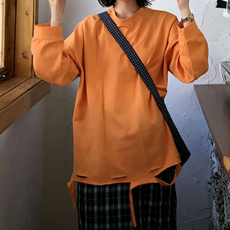 Long Sleeve Korean Fashion T-shirt for Men Women Ripped Shirt Tops Orange Tee Clothes Cyber Ghetto Clothing Streetwear Dropship
