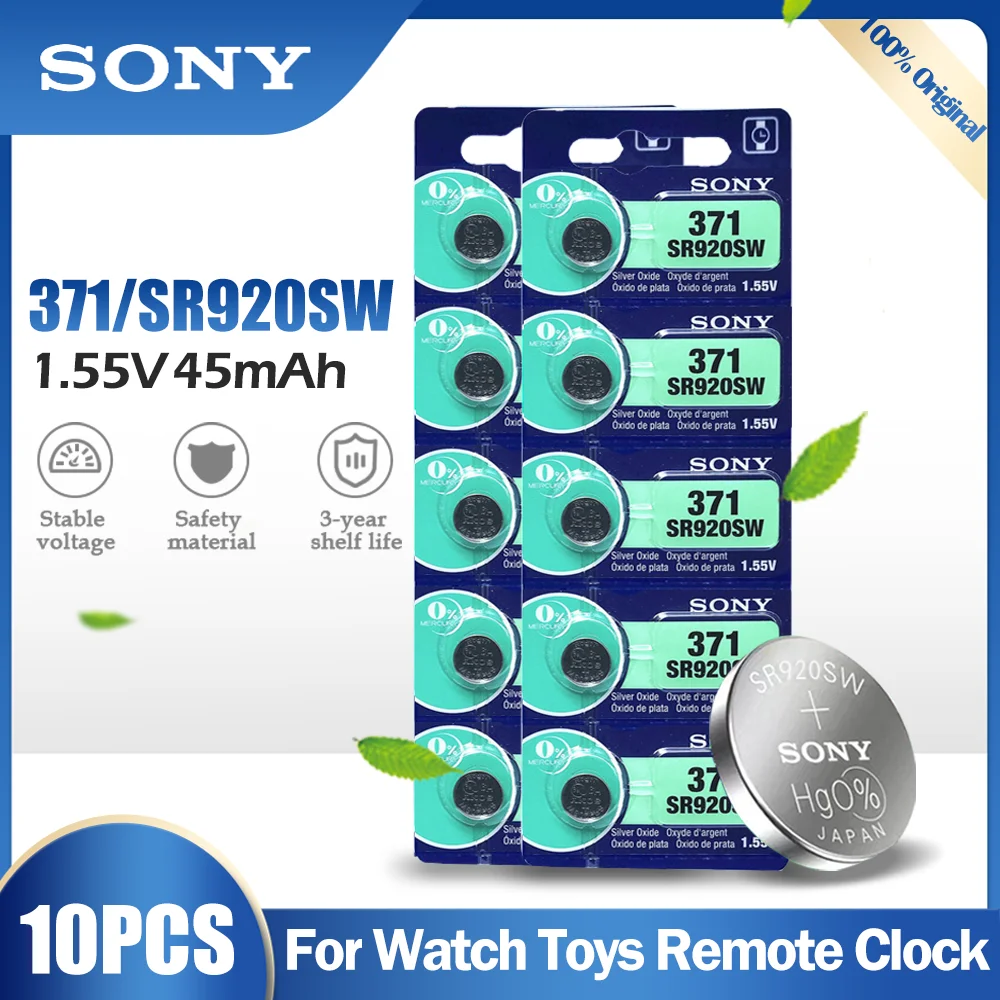 

10PCS Original Sony 371 SR920SW AG6 920 LR920 LR69 171 370A 371A 1.55V Silver Oxide Battery For Watch Calculator Button Cell