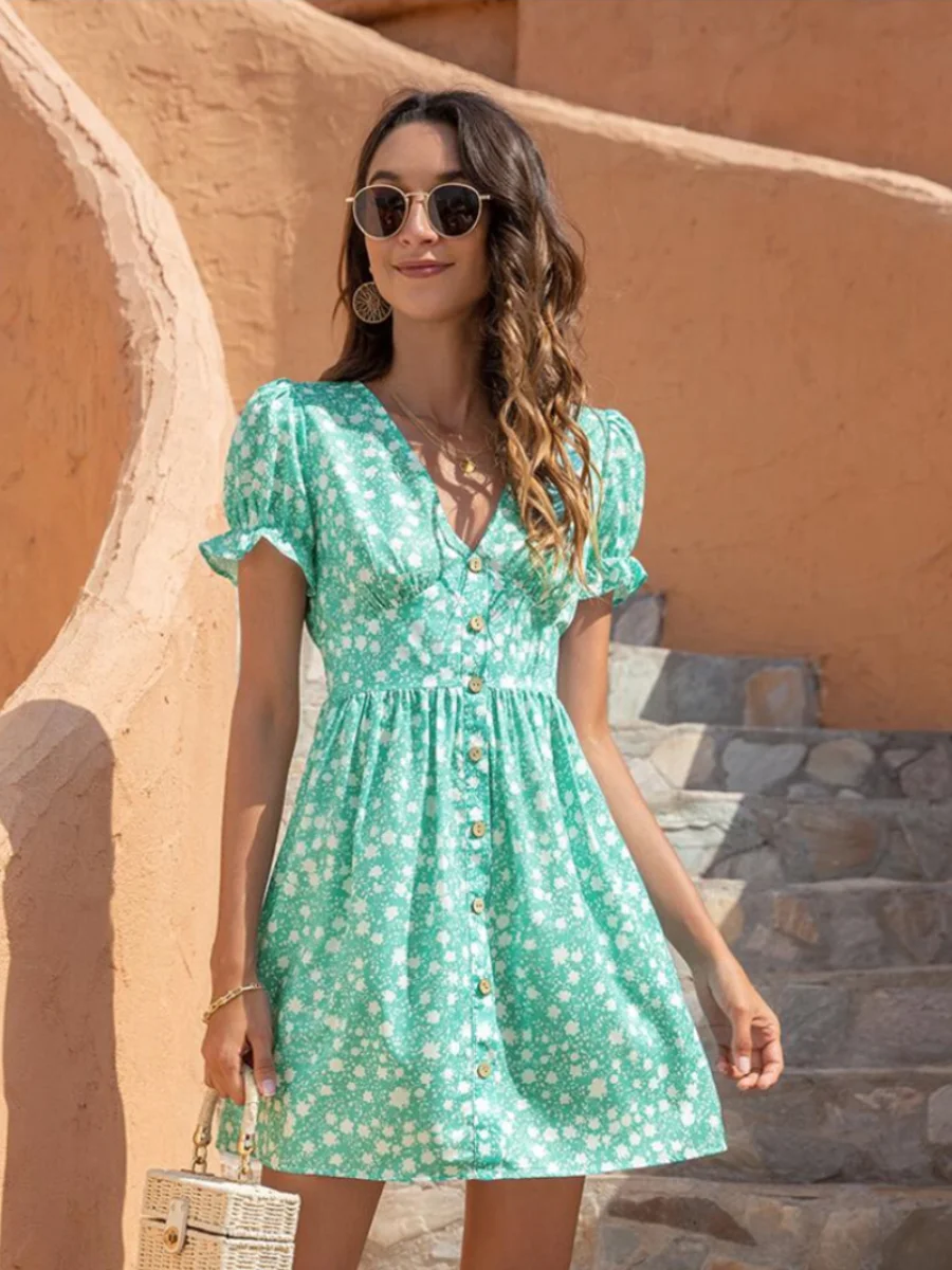 

Women Dress Summer Sexy V Neck Floral Print Boho Beach Dress Ruffle Short Sleeve A Line Mini Dress Wrap Dress