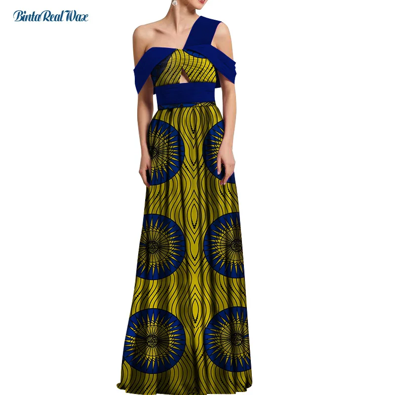 

African Print One Strap Dresses for Women Bazin Riche Cotton Sleeveless Dresses Vestidos Party African Clothing WY5516