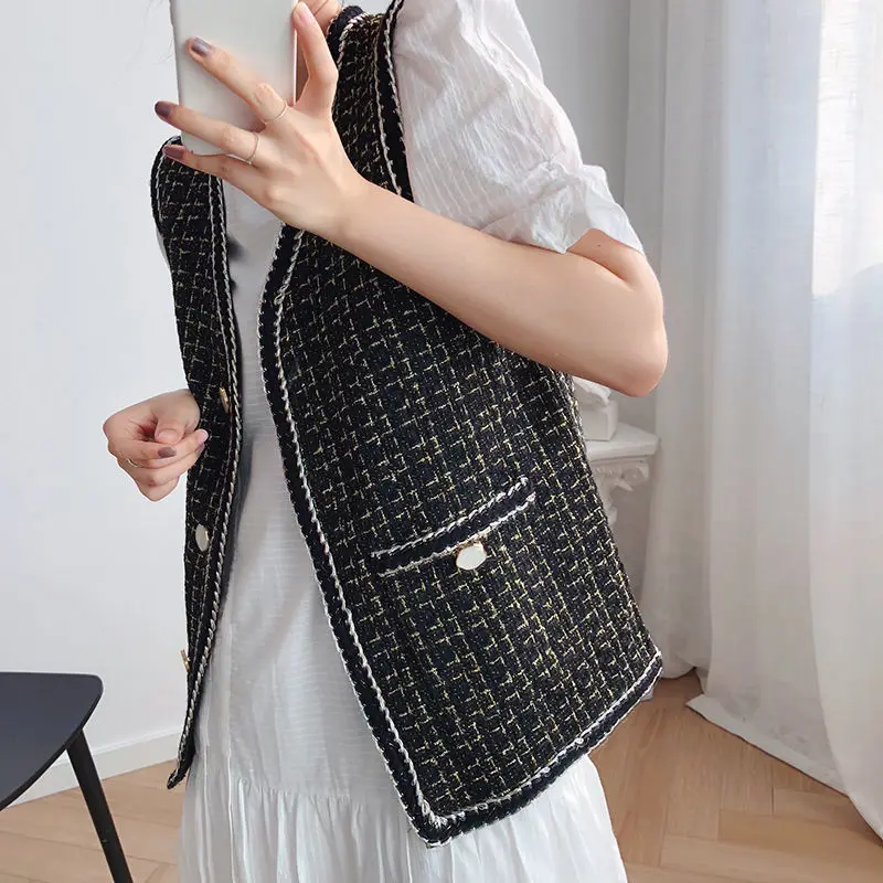 

Vest Women's Korean Edition Color Block Knitted V-neck Sleeveless Plaid Tank Top Horse Jacket Spring And Autumn Cardigan Coat