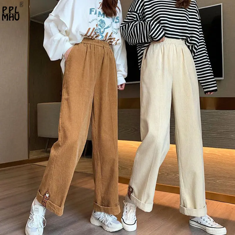 Korean Casual Loose Straight Trousers Chic High Waist Pantalones Spring Fall Corduroy Wide Leg Ankle-length Pants For Women