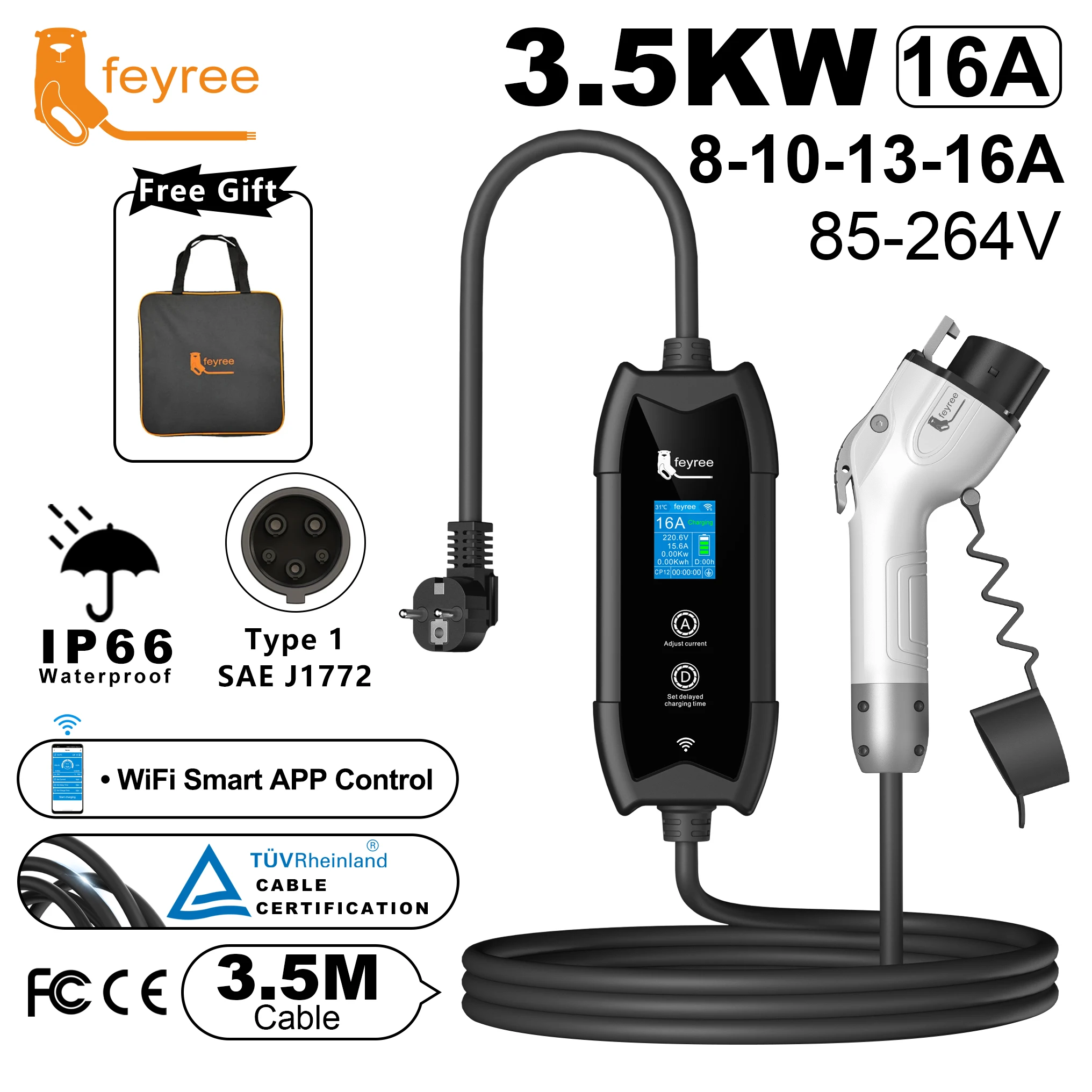 

Портативное зарядное устройство для электромобилей feyree Type1, кабель 3,5 м с управлением через приложение WIFI, 16 А, 3,5 кВт, комплект зарядки и задержки для автомобилей электромобилей, настраиваемая вилка