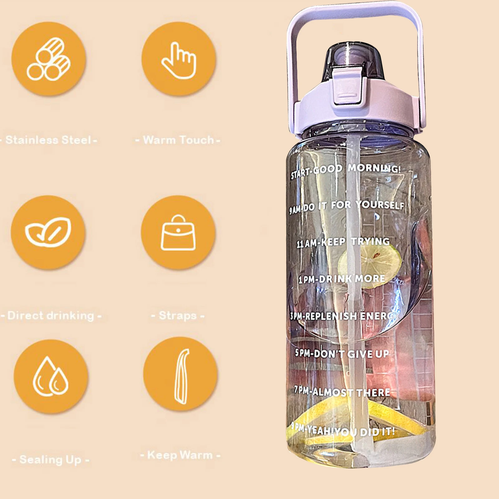 Портативная бутылка для воды 2 л с соломинкой, женские большие бутылки для путешествий, пластиковая спортивная чашка для фитнеса, летняя бутылка для воды со шкалой времени