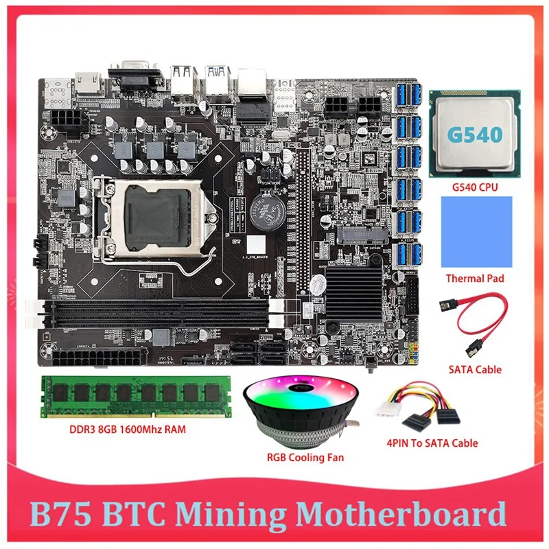 

Материнская плата B75 ETH для майнинга LGA1155 12 PCIE к USB с процессором G540 + DDR3 8 Гб 1600 МГц ОЗУ для графической карты B75 BTC Майнинг