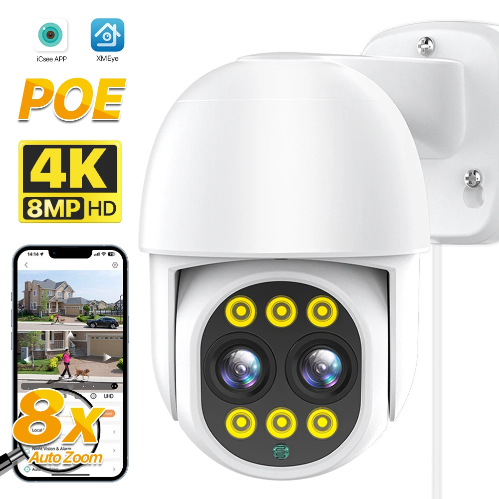 

4K HD Dual Lens IP Camera 8MP 4MP 8X Zoom POE PTZ Camera Dual Screen AI Auto Tracking Security Camera iCSee CCTV Surveillance