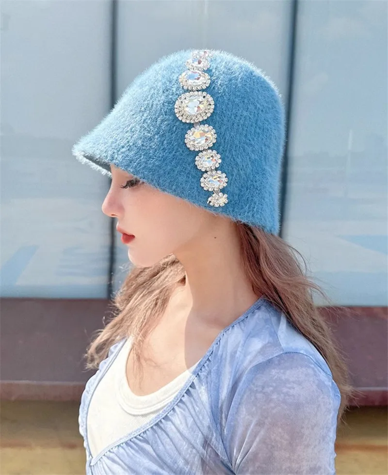 

202310-shi ins chic winter Soft imitation mink fur Shiny diamond chain leisure fashion lady bucket cap women fishermen hat