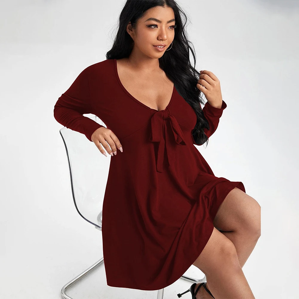 

2022 New Autumn Plus Size Womens Long Sleeve Dress Solid ColorSexy V-neck Strap Casual Holiday Skirt XL-3XL 4XL