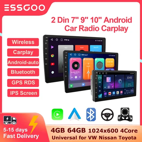 ESSGOO 2 Din Автомобильный радиоприемник Carplay Android Auto 7 9 10 дюймов 4G 64G Универсальный мультимедийный плеер DSP FM RDS AHD GPS WIFI Авторадио