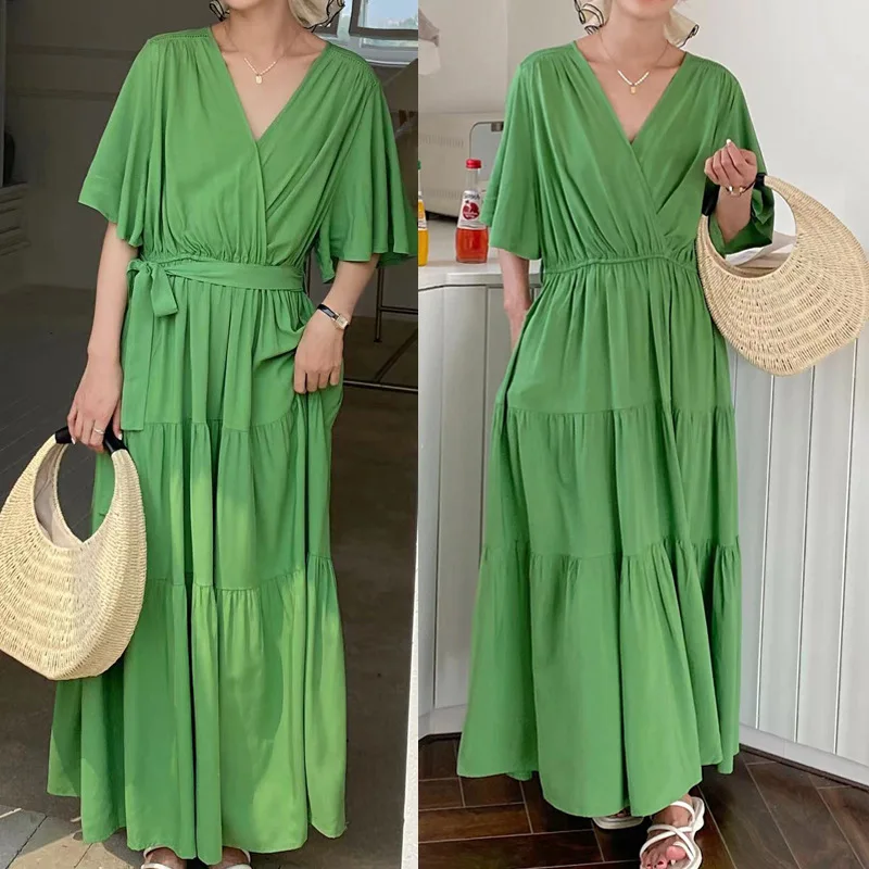 

LXUNYI Korean 2023 Summer Green Dress Women Loose Flare Sleeve V Neck Maxi Long Dress Lace Up Casual Dresses With Belt