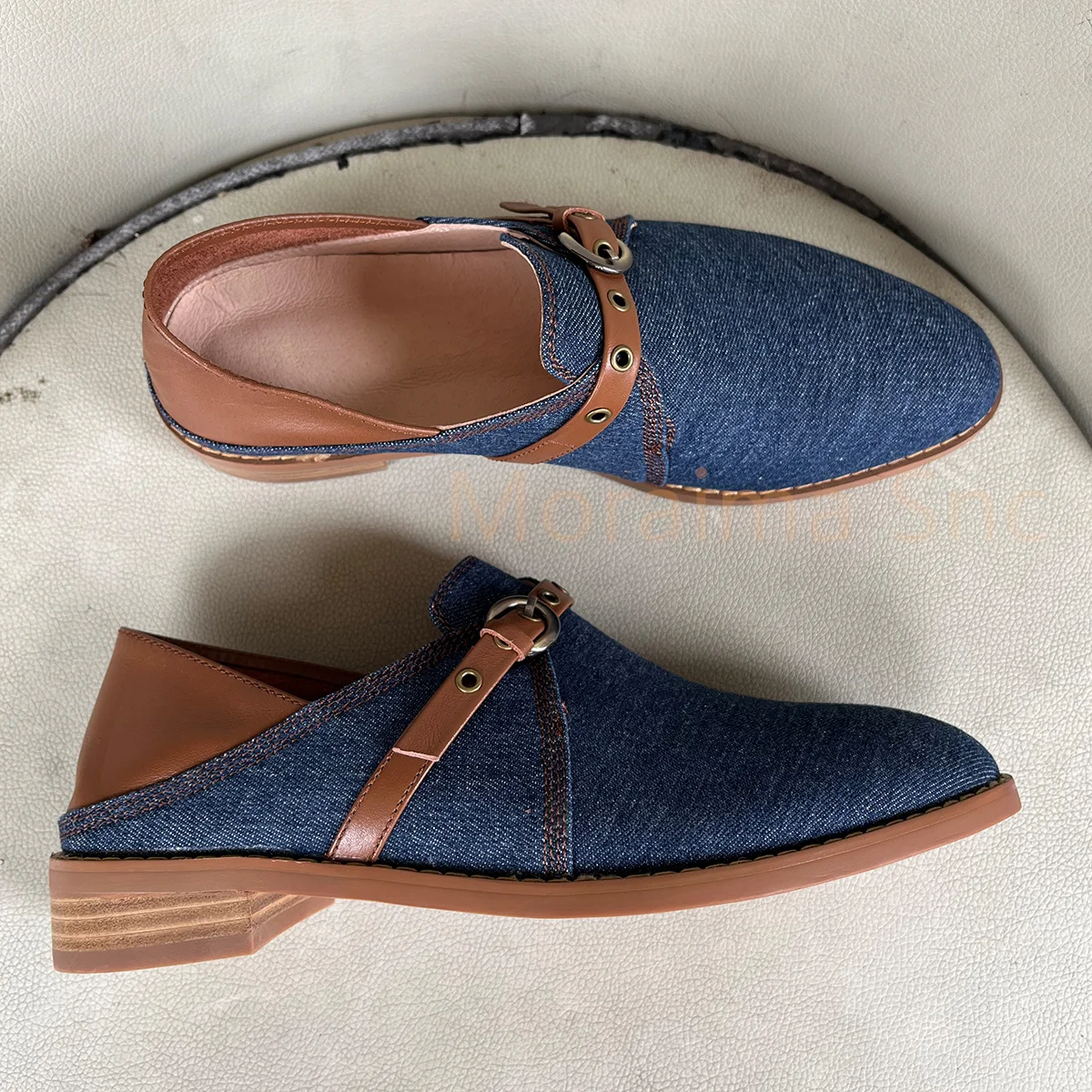 Belt Buckle Denim Shoes for Women Pumps Slip On Flats College Style Casual British Single Shoes Daily All Match 2023 Spring New