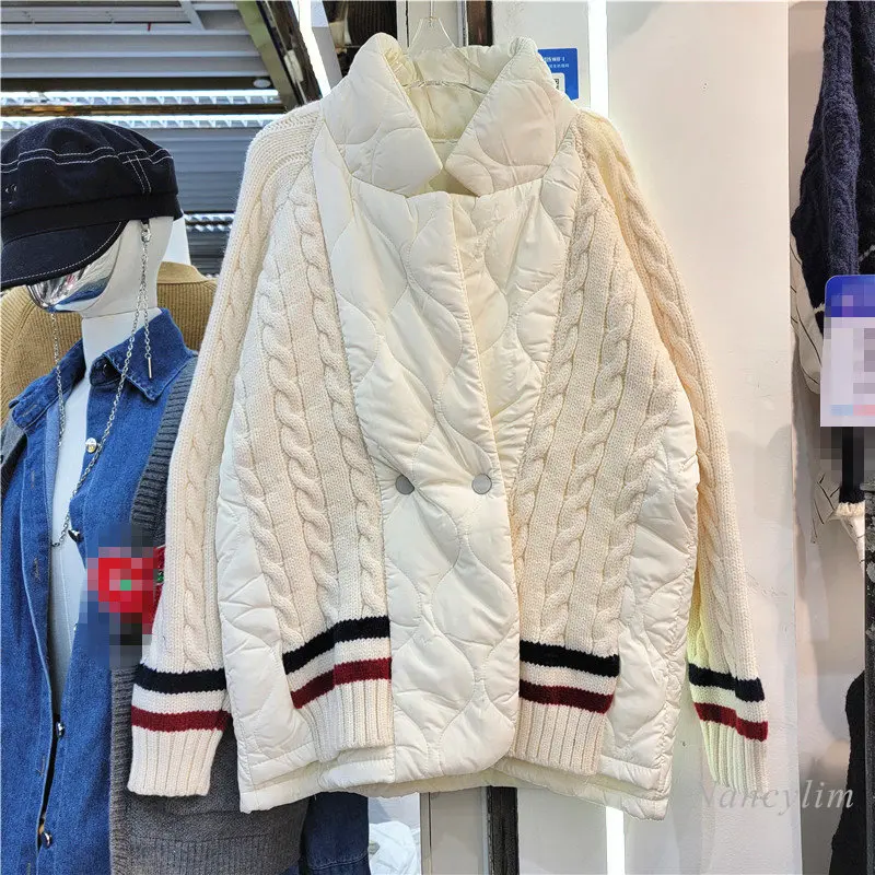 Idle Style Knitted Stitching Cotton Coat Women Autumn Winter 2022 New Temperament Oversized Thick Warm Cardigan Parka