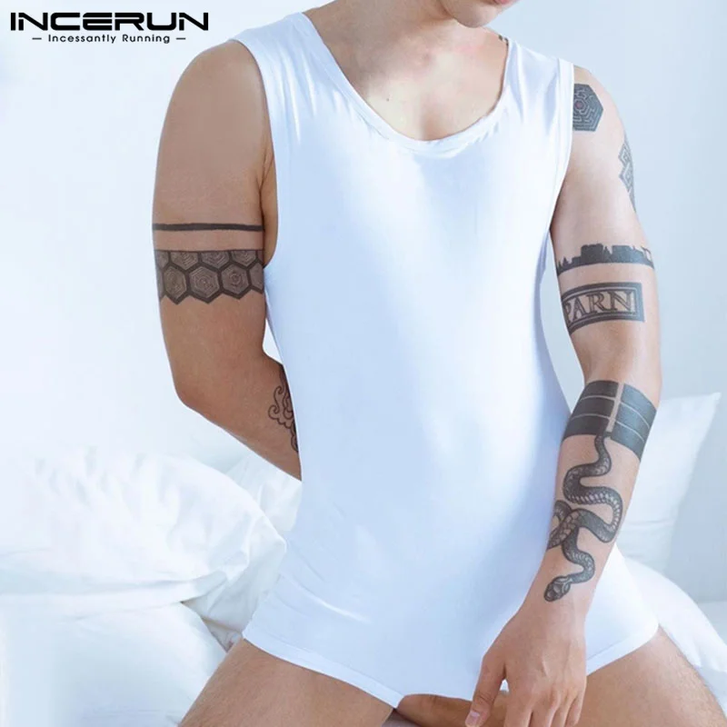 

INCERUN 2023 Korean Style New Men Solid Well Fitting Bodysuit Sexy Homewear Male All-match Comfortable Sleeveless Jumpsuit S-5XL