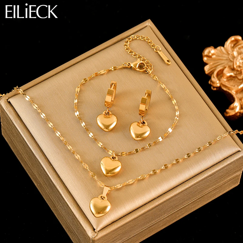 Eilieck 316l aço inoxidável coração amor colar pulseiras brincos conjunto para mulheres nova moda 18k banhado a ouro jóias à prova dwaterproof água