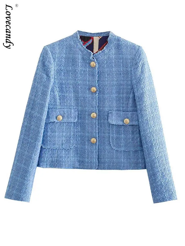 

Spring New Women Blue Texture Single Breasted Cropped Blazer 2023 Female Vintage Notched Neck With Pockets Long Sleeves Coats