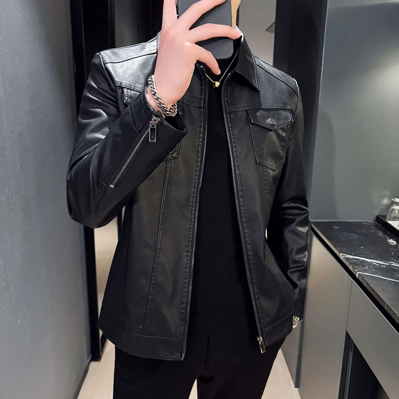 

Кожаная куртка мужская приталенная, короткие лацканы, мотоциклетная куртка из искусственной кожи, модный красивый повседневный жакет для мужчин, весна-осень