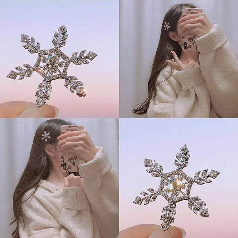 

Korean Sweet Crystal Alloy Snowflake Frog Hair Clips with Rhinstones Shiny Hairpins Barrettes for Girls Bangs Hair Accessories