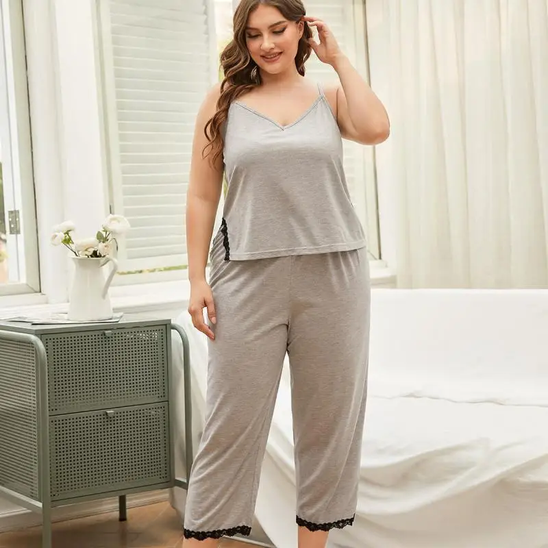 

Women's Pajamas Summer New Plus Size Pijama Set 2 Pieces Sexy Strap Backless Sleepwear Solid Color Lace Pyjamas Casual Homewear
