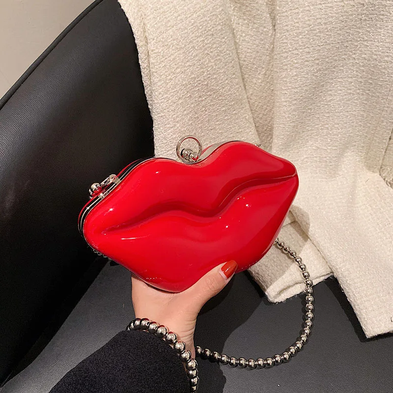 

Women's Fashion Bags 2022 Pearl Chain Crossbody Bag Pvc Luxury Shell Bag Woman Transparent Red Lips Evening Party Shoulder Bag