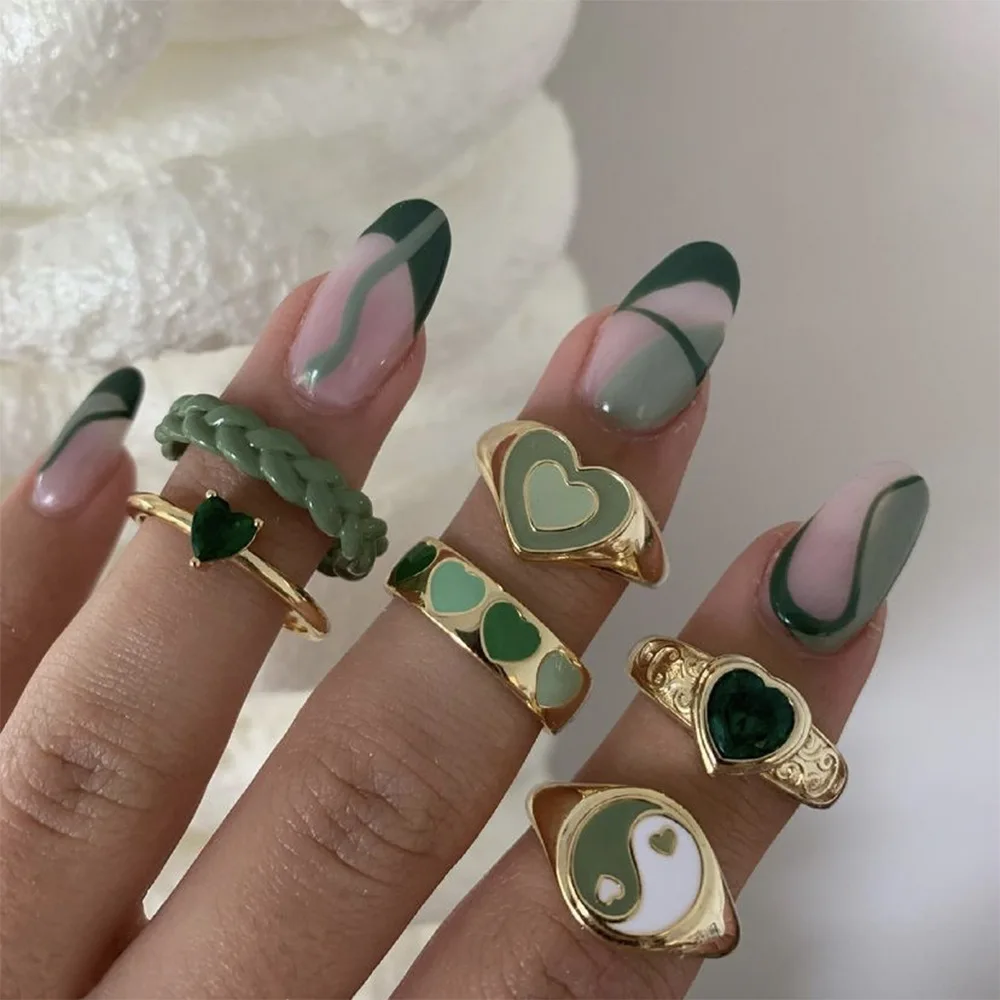 

Bohemian Geometric Heart Rings Set for Women Men Rainbow Color Painting Metal Couple Rings Gifts Wholesale Jewelry