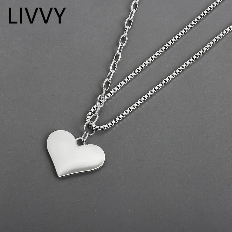 

LIVVY Silver Color Simple Smooth Love Heart Pendant Necklace Charm Women Party Handmade Fashion Jewelry Accessories