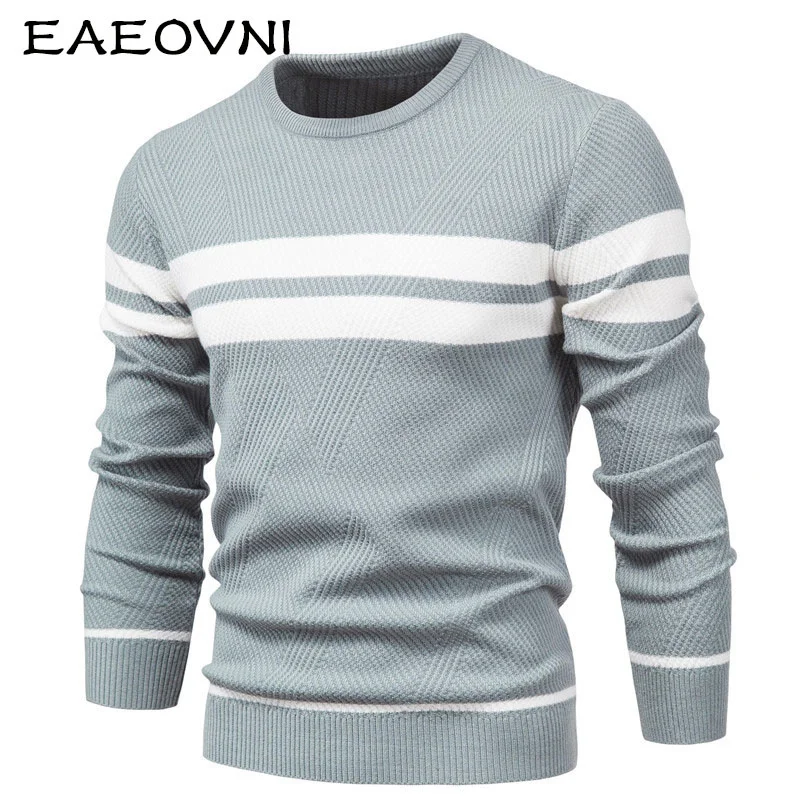 

Strip EAEOVNI Mens Sweater Japanese Style Knitted Sweaters Men Autumn Winter Cotton Pullover Man Crew Neck Harajuku Sweatshirt