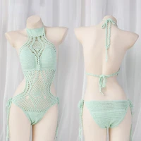 sexy light green one piece knitted swimsuit anime cosplay costume women bathing suit swimwear push up bodysuit swimming suits
