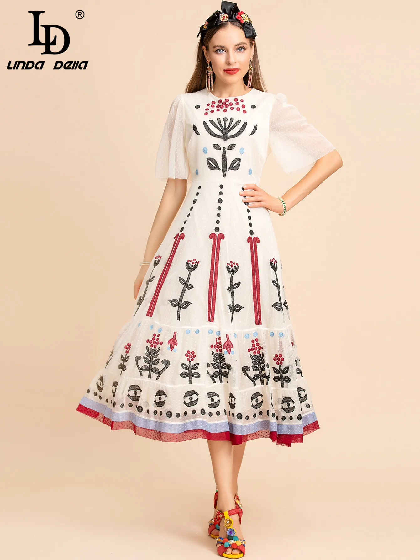 

LD LINDA DELLA Summer Runway Fashion Mesh Dress Women Short sleeve Vintage Polka dot Flower Embroidery Elegant Party Midi Dress