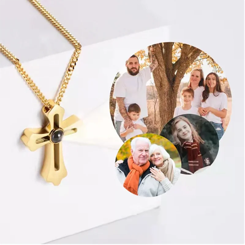 Personality Cross Projection Photo Necklace Men's Commemorative Gifts For Dad Boyfriend Customized Anniversary Gift Men Jewelry