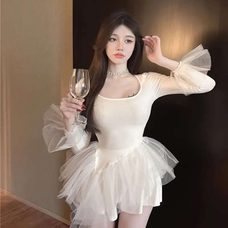 

Pure White Mesh Spring Dress SleeveTemperament Dress Princess Dress Female Korean Style