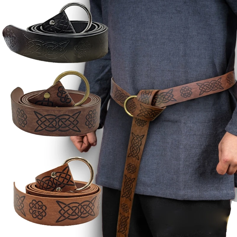 Retro Leather Belt Medieval Embossed Viking Vegvisir PU Leather O Ring Belt Renaissance Knight Buckles Cosplay Belt Leather