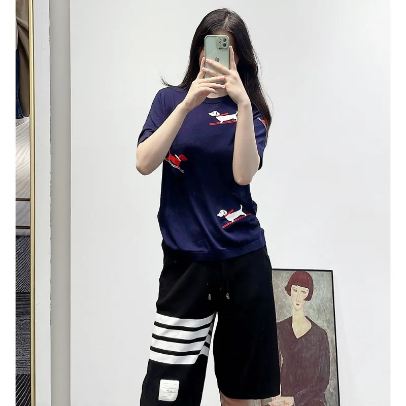 

TB Home High Edition 80% Wool And 20% Tencel 2023 Summer New Puppy Ski Jacquard Jersey Casual T-shirt For Women