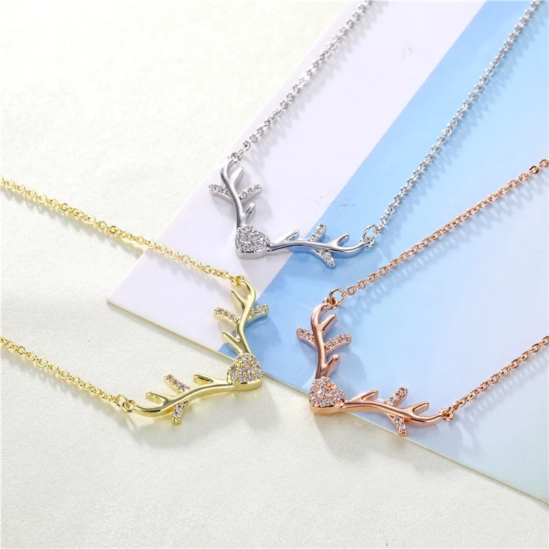 

Korean Style Antlers Copper Inlaid Zircon Elk Necklaces Stainless Steel Clavicle Chains Choker for Women Girls Jewelry Gifts