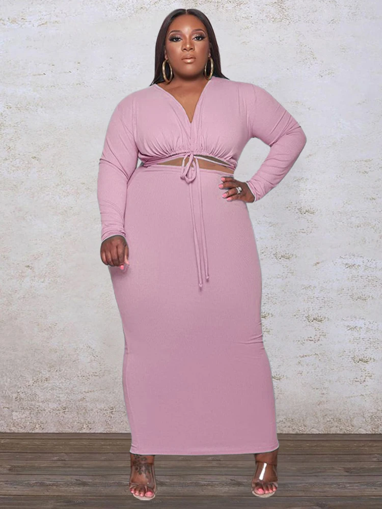 

ZJFZML ZZ Women Clothing 2 Piece Set Plus Size 2022 New V-neck Long Sleeve Crop Top+bodycon Long Skirt Dropshipping Wholesale