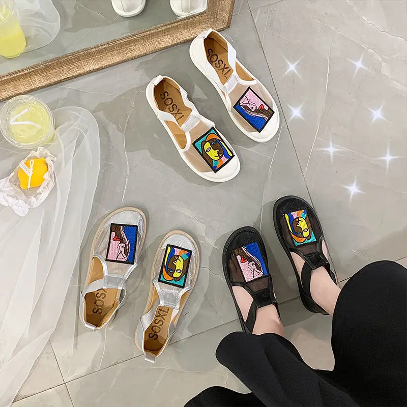 Ladies Sandals 2022 Summer New Organza Sandals Comfortable Flat Mesh Breathable Shoes Fashion Lazy Shoes Women's Shoes