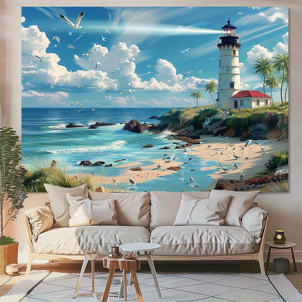 1 шт. тканевый фон с изображением летнего маяков пляжа изготовлен из полиэстера