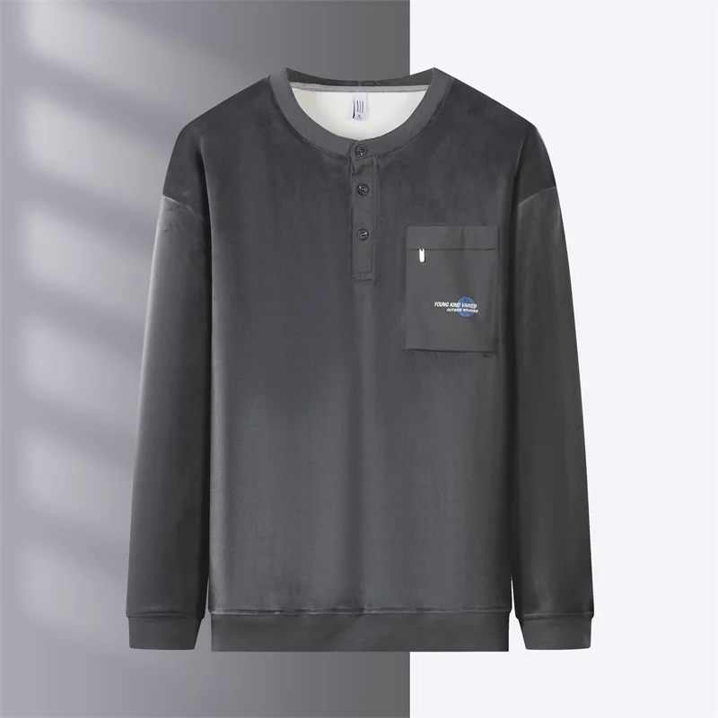 New Winter Thick Warm Fleece Sweatshirts Men Henlry Collar Zip Chest Pockets Casual Thermal Outdoors Pullover Training Top